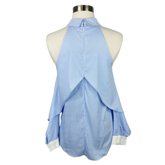 Central Park West x REVOLVE Blue Pinstripe Fold Over Cold-Shoulder Blouse Small - Picture 5 of 7